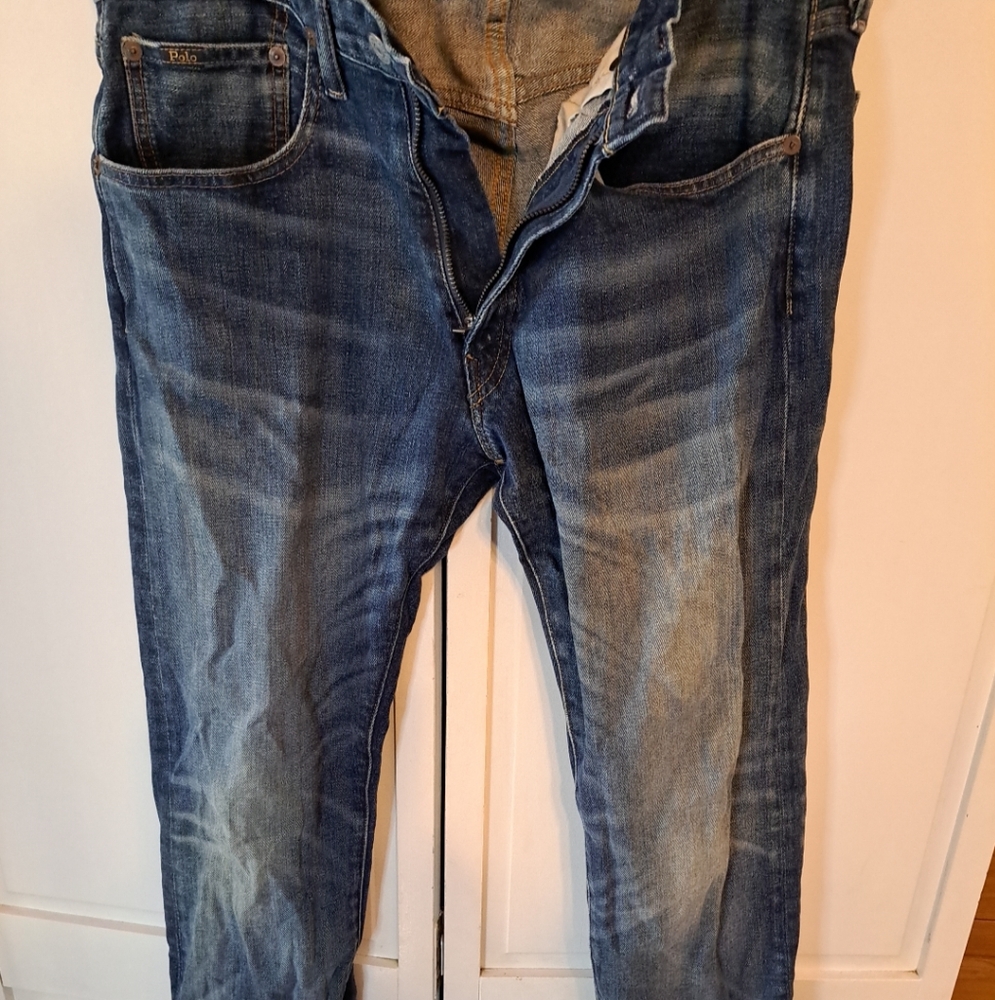 Mens Ralph Lauren RL The Varick Slim Straight Blue Denim Jeans Pants 32x30 faded